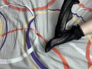 Caressing long legs of girl in black lace socks 11/16