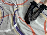 Caressing long legs of girl in black lace socks 12/16