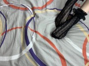 Caressing long legs of girl in black lace socks 14/16