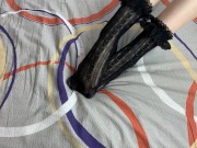 Caressing long legs of girl in black lace socks 2/16