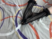 Caressing long legs of girl in black lace socks 3/16