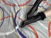 Caressing long legs of girl in black lace socks 5/16