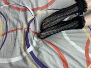 Caressing long legs of girl in black lace socks 6/16