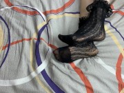 Caressing long legs of girl in black lace socks 8/16