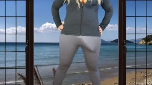 Huge cock shemale does yoga in beach house