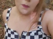 Bbw milf Public forest flashing small tits and fat pussy 3/16
