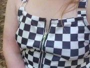 Bbw milf Public forest flashing small tits and fat pussy 4/16