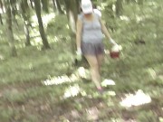 Sexy cute Milf without panties under skirt picks mushrooms in forest. Outdoor Outside In public Solo 12/16