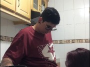 stepsister lets herself be caught in the kitchen of my house.