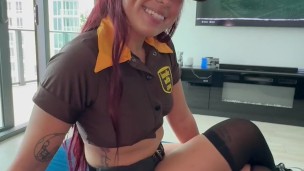 Asian delivery girl gives sloppy blowjob