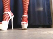 Sexy Spiked White High Heels Red Fishnet Stockings