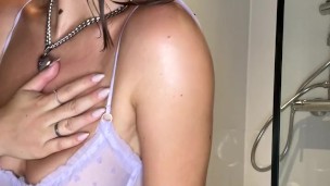 British college girl rubs her self in massage oil