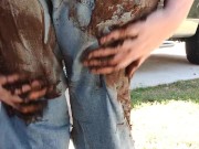 Rubbing mud all over my ripped denim jeans teasing you  clothing destruction 10/16