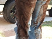 Rubbing mud all over my ripped denim jeans teasing you  clothing destruction 11/16