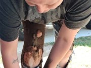 Rubbing mud all over my ripped denim jeans teasing you  clothing destruction 13/16