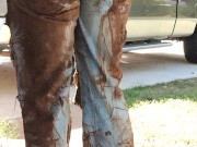 Rubbing mud all over my ripped denim jeans teasing you  clothing destruction 14/16