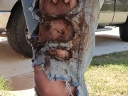 Rubbing mud all over my ripped denim jeans teasing you  clothing destruction 5/16