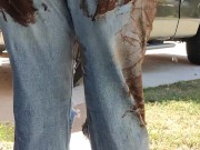Rubbing mud all over my ripped denim jeans teasing you  clothing destruction 9/16