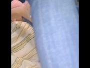 Sillicone doll Fortuna in skinny tight jeans on a special stand with spread leg.Cumshot and creampie