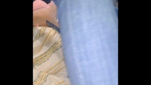 Sillicone doll Fortuna in skinny tight jeans on a special stand with spread leg.Cumshot and creampie