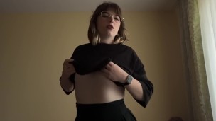 Sexy brunette almost showed off her lush tits