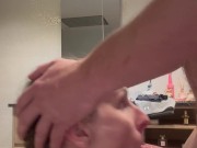 I suck his cock before his shower and he cums on my small tits 13/16