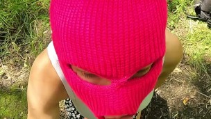Ski mask girl sucks strangers cock in the woods