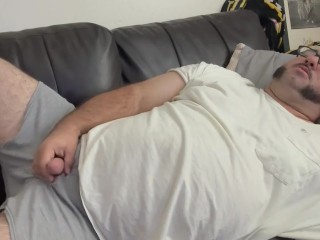 Chubby small dick guy masturbates orgasms cums underwear shirt