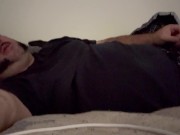 Chubby guy masturbates to orgasm and cum in bed