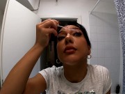 Sexy and Hot Brunette Beauty takes her Transparent Lingerie Panties Off in the Bathroom while doing Make up 12/16