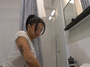 Sexy and Hot Brunette Beauty takes her Transparent Lingerie Panties Off in the Bathroom while doing Make up 16/16