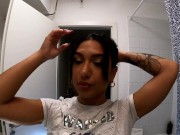 Sexy and Hot Brunette Beauty takes her Transparent Lingerie Panties Off in the Bathroom while doing Make up 5/16