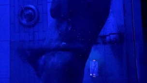 Shower Cum in Blue LED room
