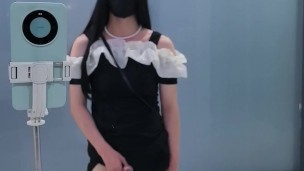 Chinese ladyboy in black tight skirt cums at the door of public toilet