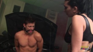 Awesome brunette hottie loves fucking with a bound car mechanic