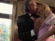 Naughty guy talked a blonde cutie into playing with his dick