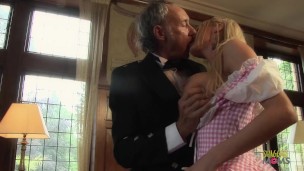 Naughty guy talked a blonde cutie into playing with his dick