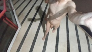 Totally naked in a mall playing with piss and cum
