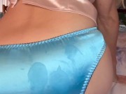 Slutty cuckold cougar tries on dirty cum stained satin panties