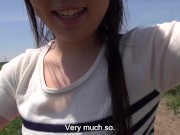 Super pale and super outgoing Japanese freshly married wife goes riding on a bicycle under a blue sky to have outside sex 2/16