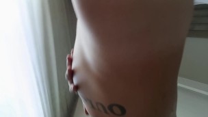 Show off bloated belly , jerk off and show off belly again