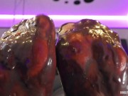 Mistress Legs with dirty chocolate nylon soles closeup squeeze strawberry juice, foot fetish tease