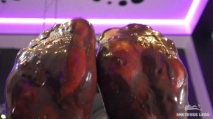 Mistress Legs with dirty chocolate nylon soles closeup squeeze strawberry juice, foot fetish tease
