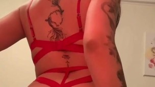 beautiful brunette in gorgeous red lingerie.