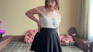 Sexy brunette in a skirt shows off her underwear 😍