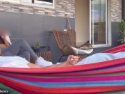 My roommate helps me with my hard cock cum on her tits 4/16