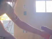 My roommate helps me with my hard cock cum on her tits 6/16