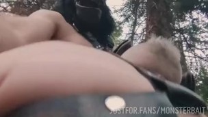 Gorilla masked man barebacks pup in the woods, cums on face then fucks some more at Ape Ridge