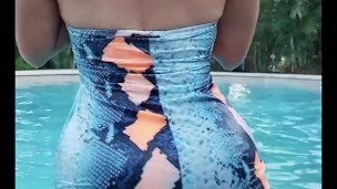 Miss Raquel Blue Dress Fun In Pool