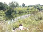 Nude Milf sunbathing on shore. Random guy watching. Naked in public. Nudist beach. Doggystyle. POV